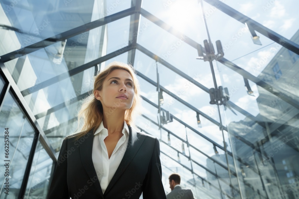 Business woman serious face walking office complex Business woman serious face walking office complex