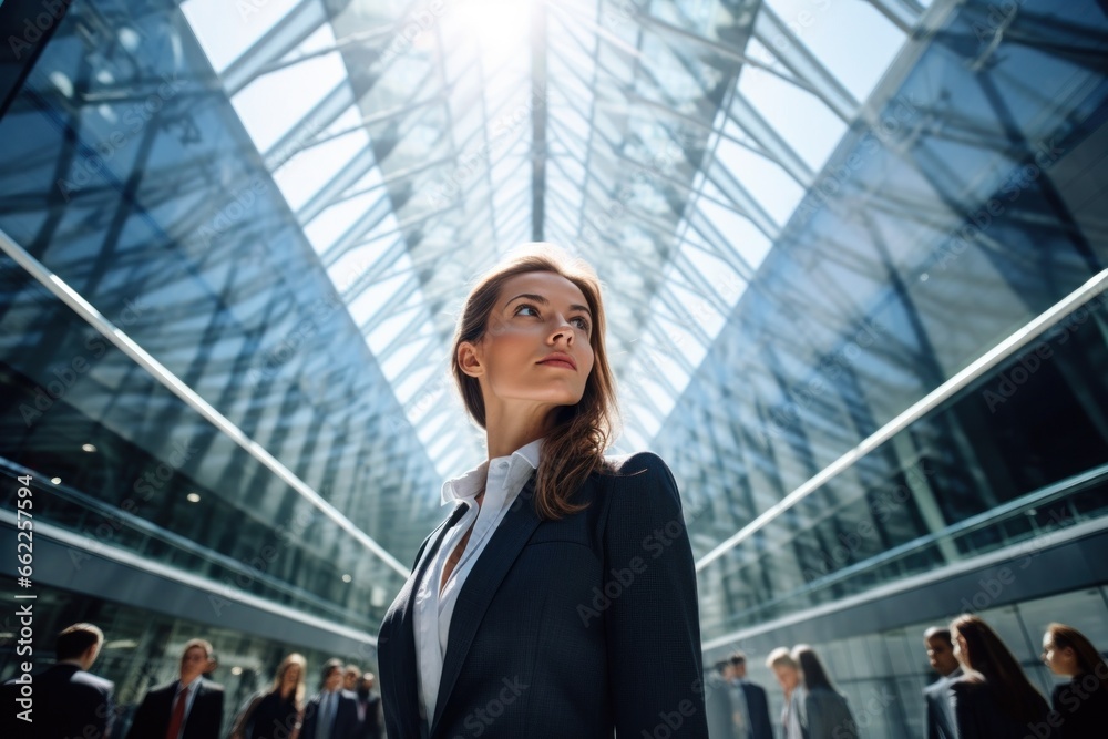 Business woman serious face walking office complex 