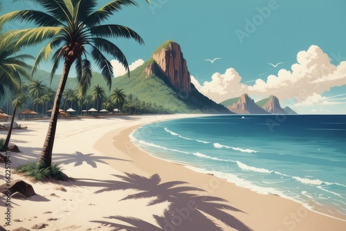 beautiful beach in the mountains. beautiful beach in the mountains. summer beach and tropical ocean illustration
