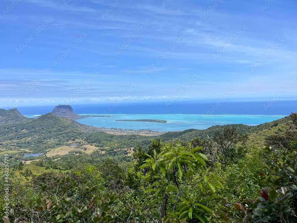 Panorama view on Le Morne Brabant from Piton de la Rivière Noire in Mauritius