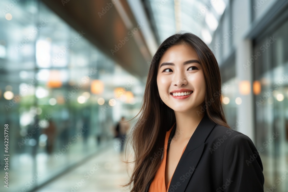 Obraz premium Business woman smile face walking office complex 