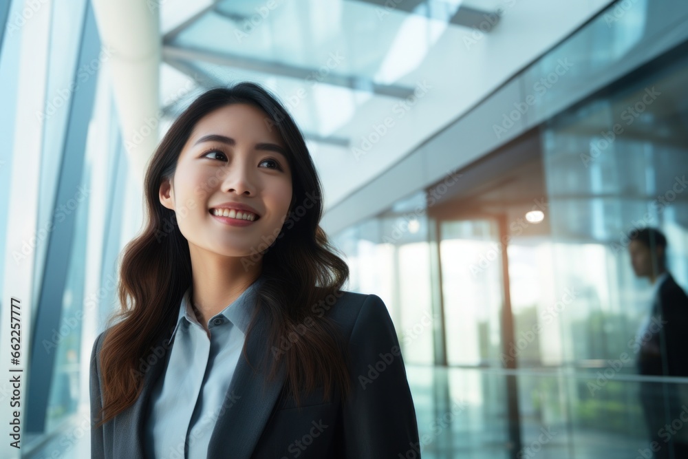 Business woman smile face walking office complex Business woman smile face walking office complex