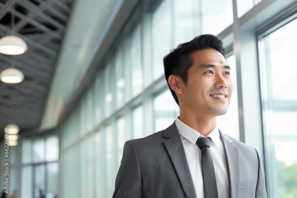 Asian Businessman smile face walking office complex