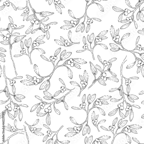 seamless pattern with lineart mistletoe, simple hand drawn christmas  background, mistletoe seamless  branches