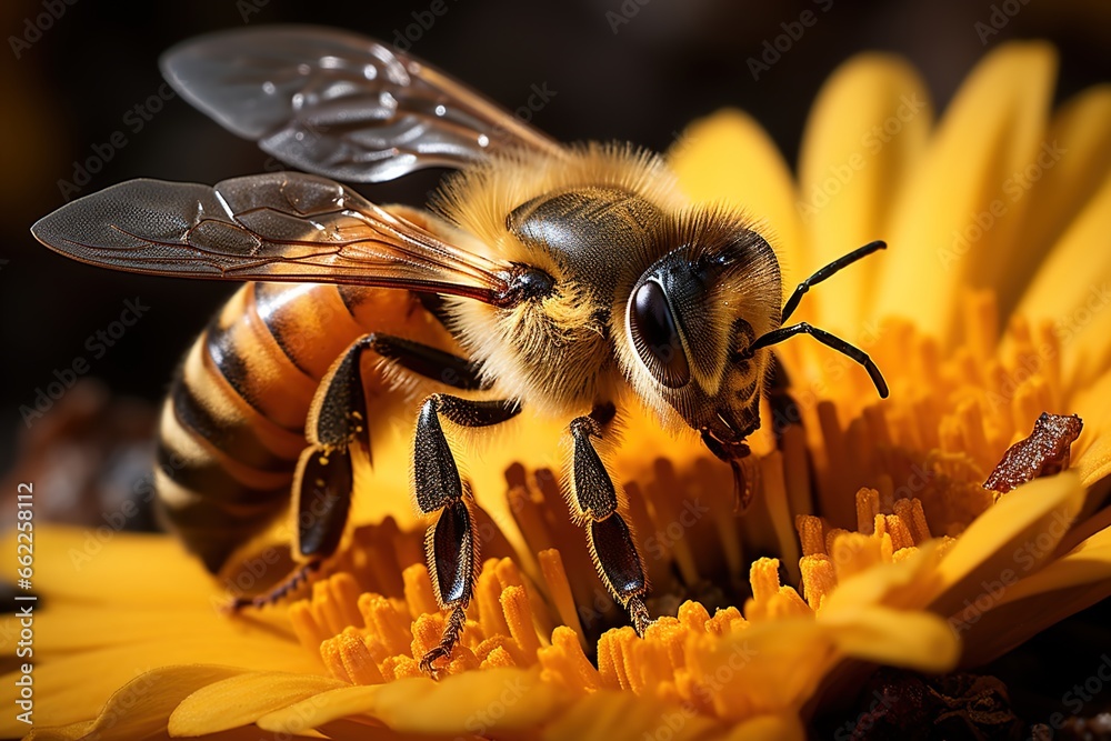 A captivating macro photograph of a honeybee as it collects nectar from a vibrant flower, showcasing its delicate wings and intricate body. A captivating macro photograph of a honeybee as it collects nectar from a vibrant flower, showcasing its delicate wings and intricate body.