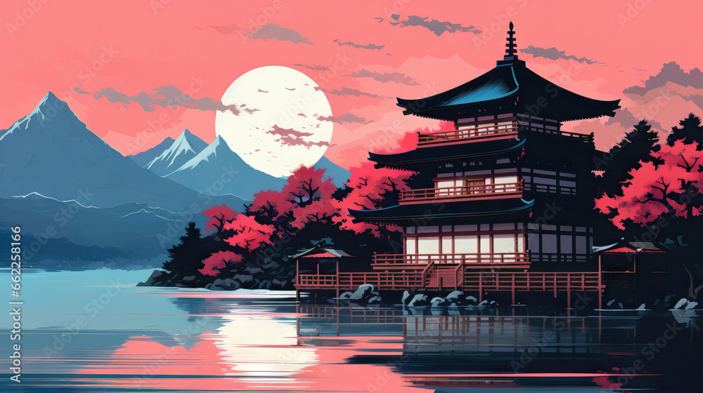 Naklejka premium Pagoda and mountains in the background at night, vector illustration