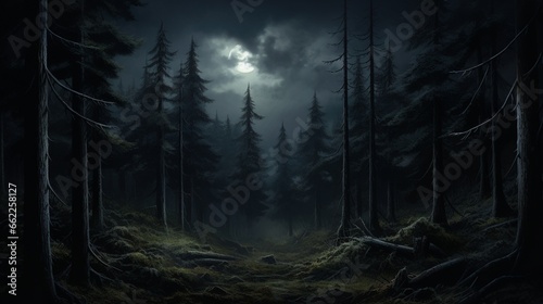 Moonlight illuminating a dark spruce forest photo