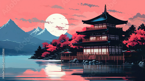 Pagoda and mountains in the background at night, vector illustration