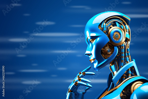 AI robot thinking with moving motion blur background which represent how fast they think and quick growth and development of AI technology. photo