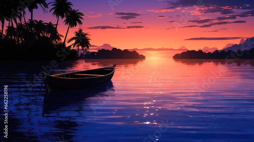 Fishing boat in the sea at sunset with palm trees on the background