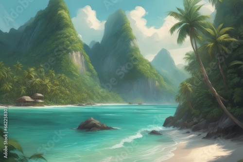 tropical beach in the mountains beautiful tropical beach with palm trees tropical beach in the mountains