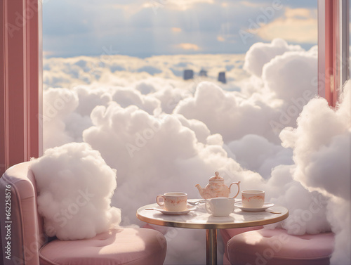A tea room in the clouds with fluffy pillows. generative ai 