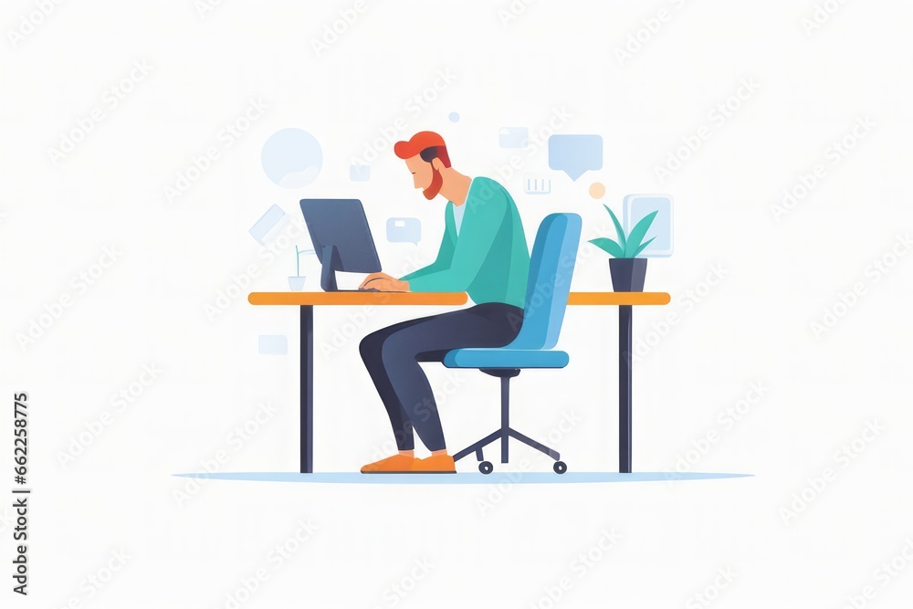 businessman working at laptop computer in office, flat cartoon vector illustration businessman working at laptop computer in office, flat cartoon vector illustration business man sitting at table and