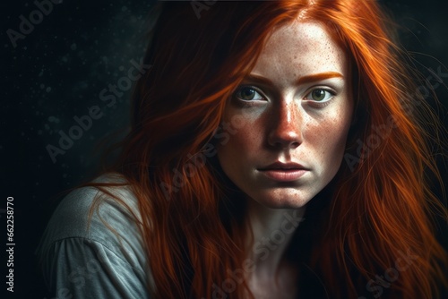 portrait of a redhead girl in a dark room portrait of a redhead girl in a dark room young woman with freckles and ginger hair. studio portrait on a dark background.