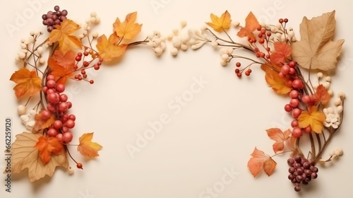  an arrangement of autumn leaves and berries on a white background.  generative ai