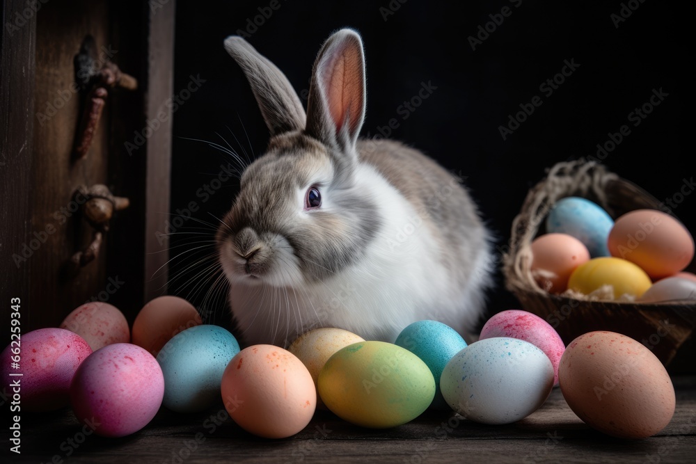 Cute Rabbit and Colored Easter Eggs Cute Rabbit and Colored Easter Eggs