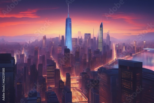 new York, new York city skyline with reflection, 3d illustration new York, new York city skyline with reflection, 3d illustration 3d illustration of a city with a neon lights