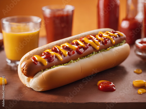 a hot dog with ketchup and mustard. generated by AI