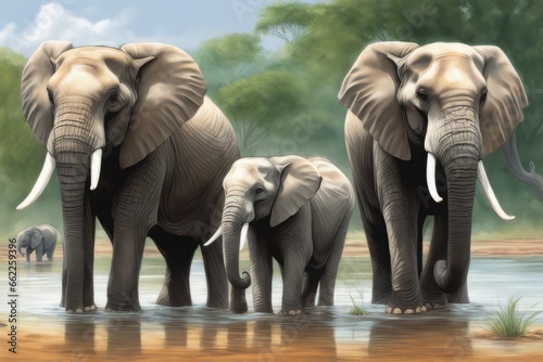 elephants with their mother in the water. elephants in the water elephants with their mother in the water.