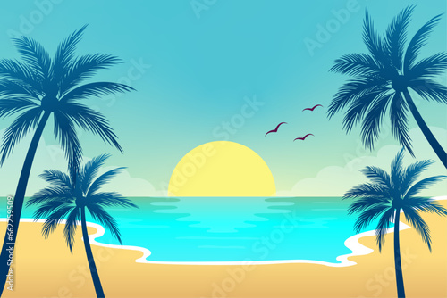 Gradient tropical summer beach background with palm trees and beach © AinStory