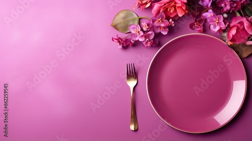  a pink plate with a gold fork and purple flowers on a pink background.  generative ai