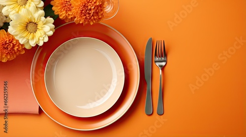  a table setting with orange plates and silverware and flowers.  generative ai