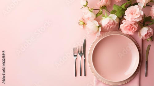  a pink table setting with a plate  fork  knife and flowers.  generative ai