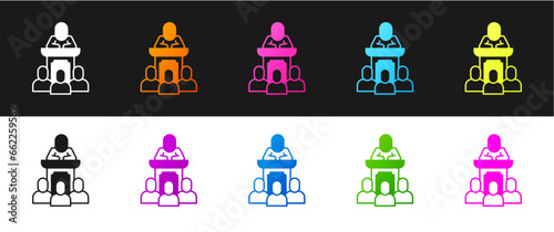 Set Auction auctioneer sells icon isolated on black and white background. Auction business, bid and sale. Vector
