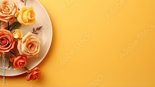  a white plate topped with orange and yellow roses on a yellow background. generative ai