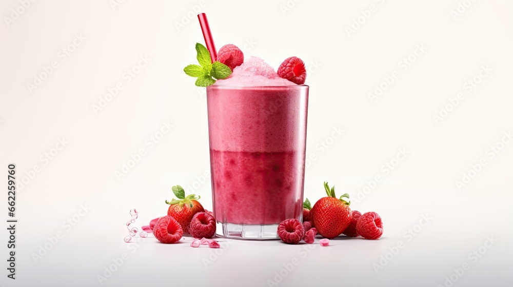  a tall glass filled with a pink drink and strawberries.  generative ai