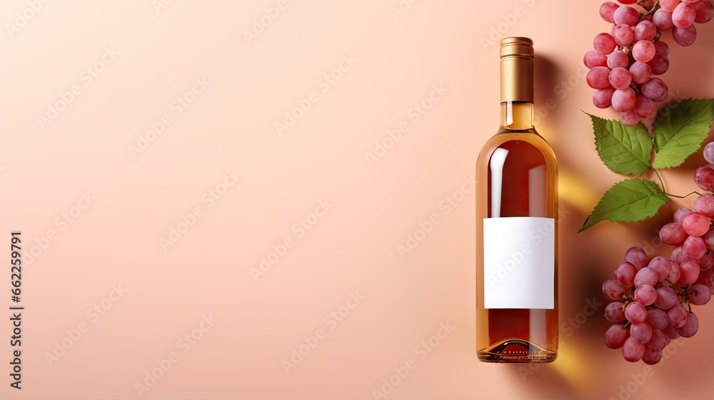  a bottle of wine and a bunch of grapes on a pink background.  generative ai