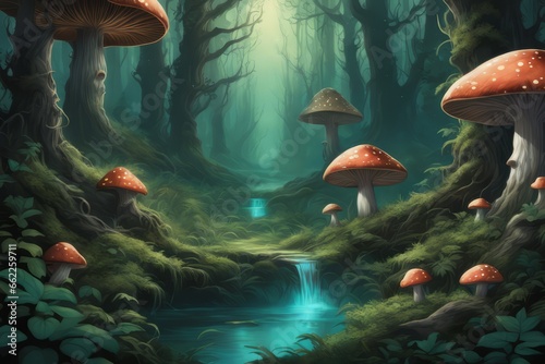 dark forest with green and red mushrooms dark forest with green and red mushrooms dark forest in the morning, illustration