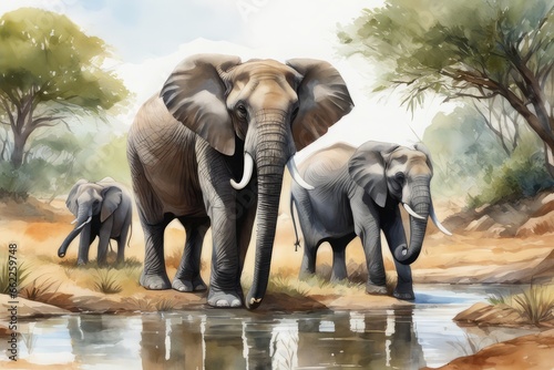 cartoon scene with hippopotamus elephant swimming in river near the meadow with elephant illustration  of a herd of elephants cartoon scene with hippopotamus elephant swimming in river Nea © Shubham