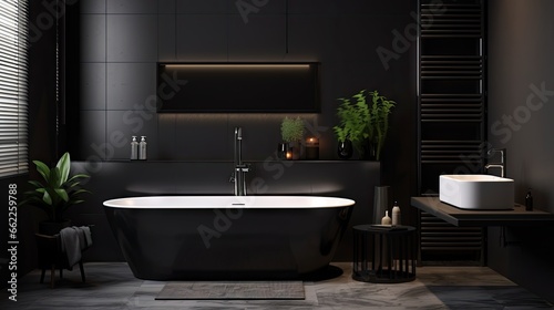  a black bathroom with a white bathtub and a plant.  generative ai