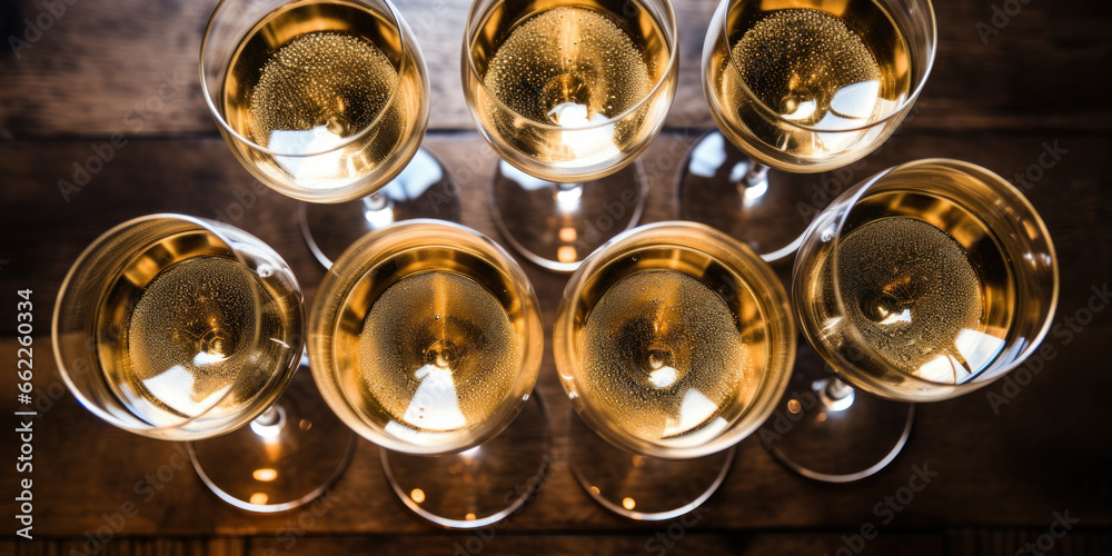 Top view of numerous champagne glasses. Top view of numerous champagne glasses.