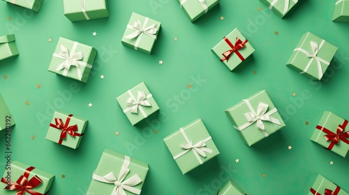  a group of green wrapped gift boxes with red bows on them.  generative ai © Shanti
