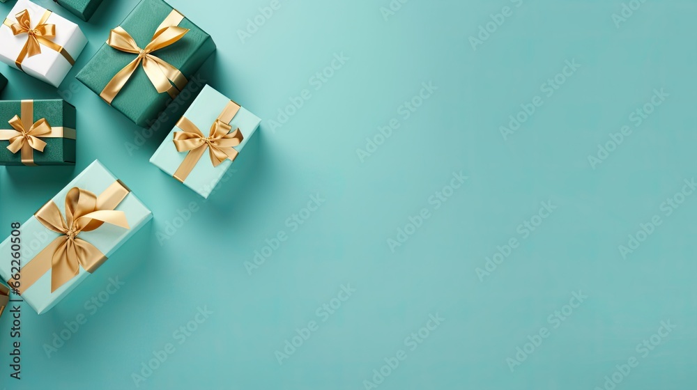  a group of wrapped gift boxes with gold bows on a blue background.  generative ai - obrazy, fototapety, plakaty 