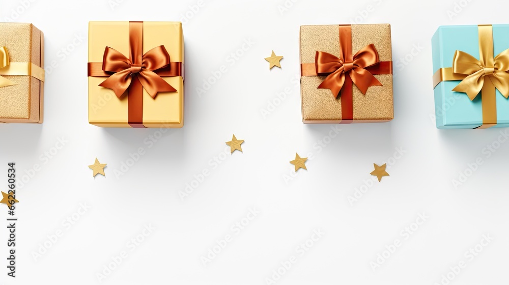  three wrapped presents are lined up with gold stars around them.  generative ai