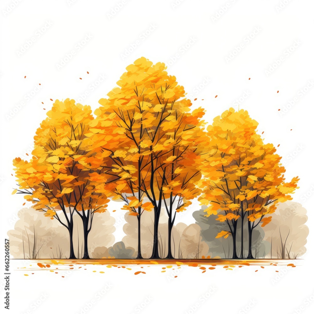 Golden leaves decorate the autumn trees