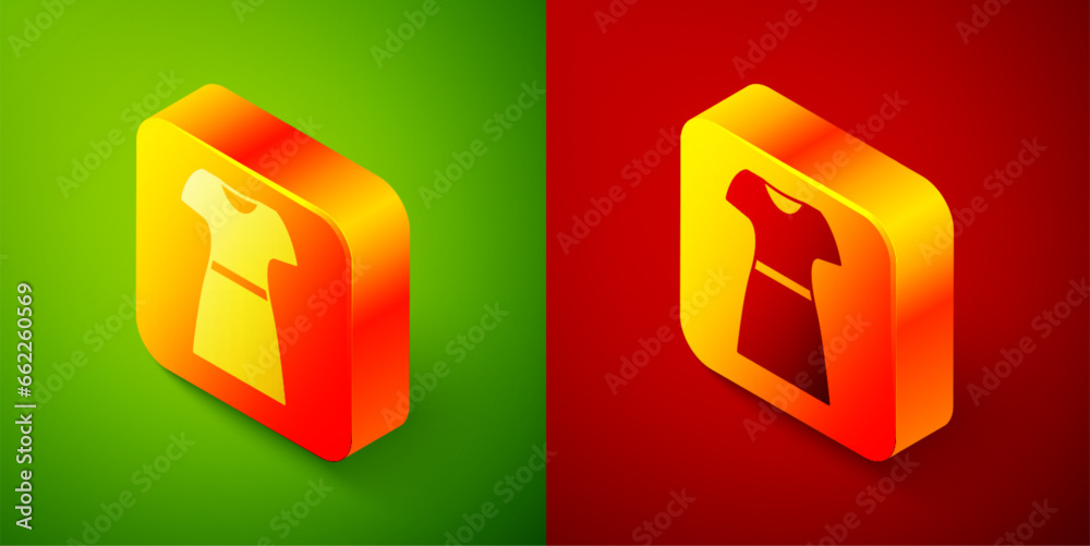 Isometric Woman dress icon isolated on green and red background. Clothes sign. Square button. Vector Isometric Woman dress icon isolated on green and red background. Clothes sign. Square button. Vector