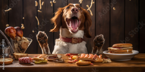 Joyful dog savors a tasty treat of hot dogs. © Lidok_L