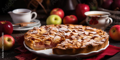 Food photography with whole apple pie on dark background