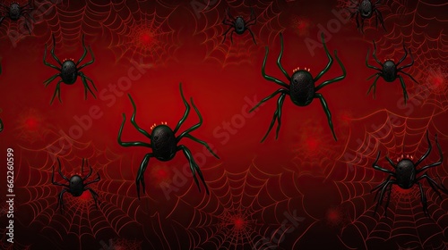  a group of black spider webs on a red background.  generative ai