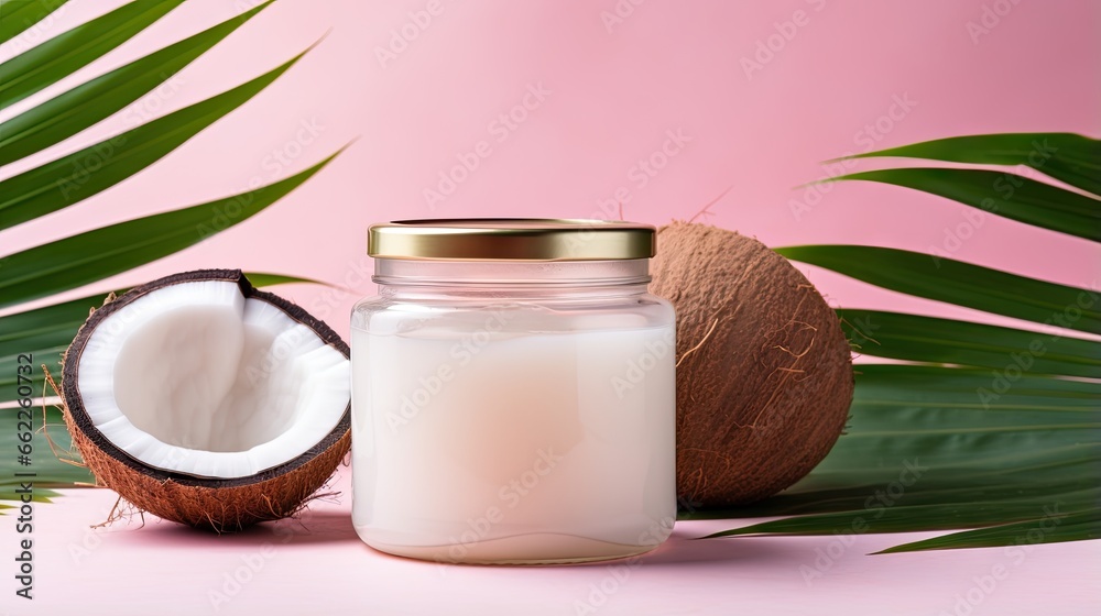 a glass jar of coconut milk next to a half eaten coconut.  generative ai