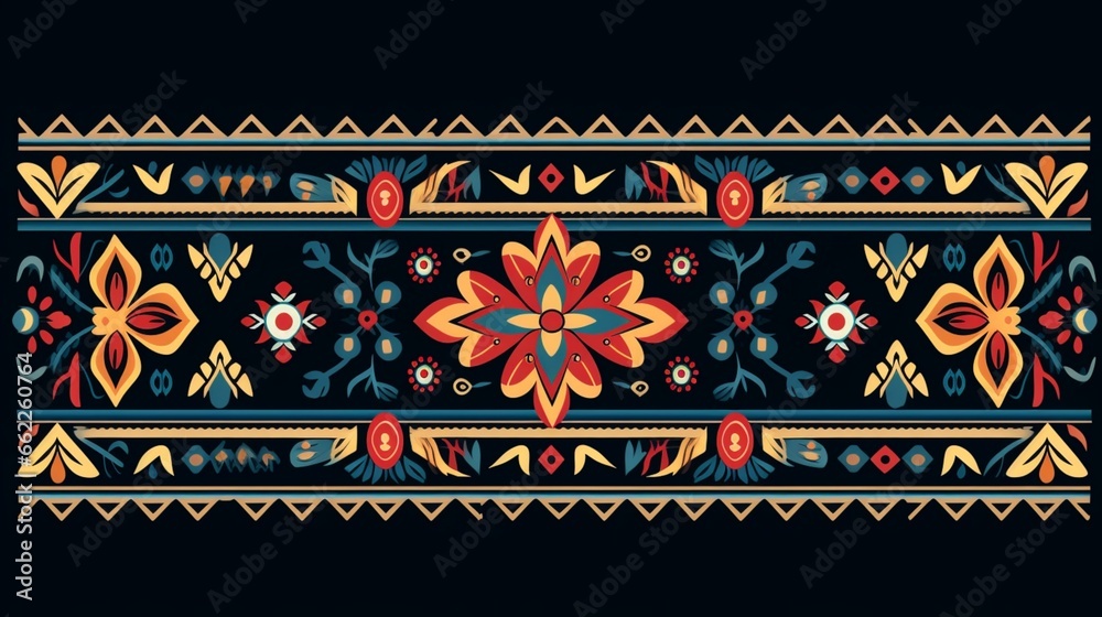 On a black background, the Ikat border is a typical ethnic oriental geometric pattern.tribal folklore drawing in vector form.Beautiful embroidery in an aztec style.antique carpet - obrazy, fototapety, plakaty 