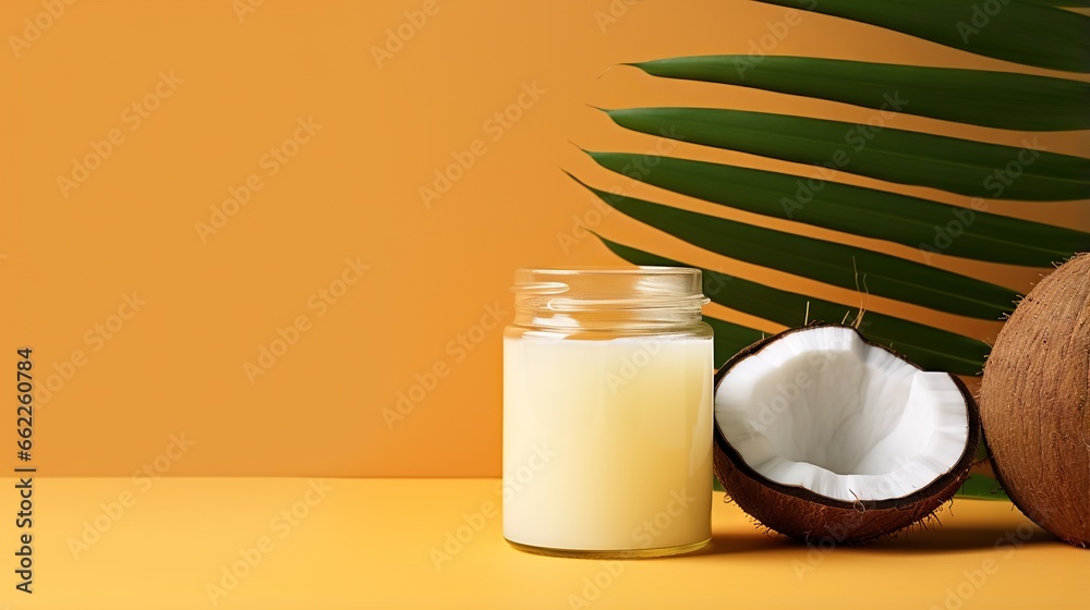 a glass of milk next to a half a coconut on a yellow background. generative ai a glass of milk next to a half a coconut on a yellow background. generative ai