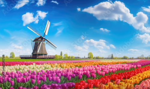 Endless rows of blooming tulips lead toward a solitary windmill.