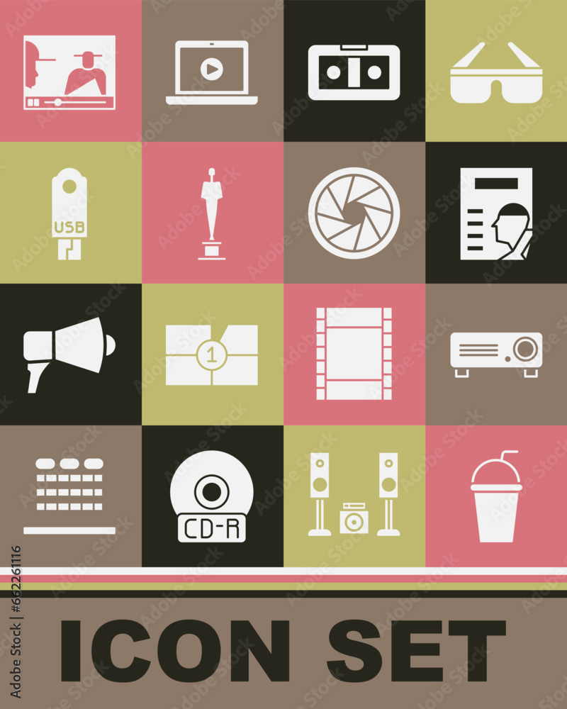 Set Paper glass with straw, Movie, film, media projector, Cinema poster, VHS video cassette tape, trophy, USB flash drive, Online play and Camera shutter icon. Vector Set Paper glass with straw, Movie, film, media projector, Cinema poster, VHS video cassette tape, trophy, USB flash drive, Online play and Camera shutter icon. Vector