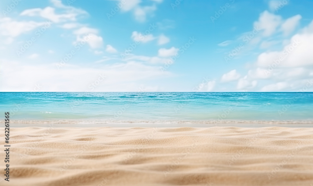 Serene beach landscape with glistening sand, gentle ocean waves.