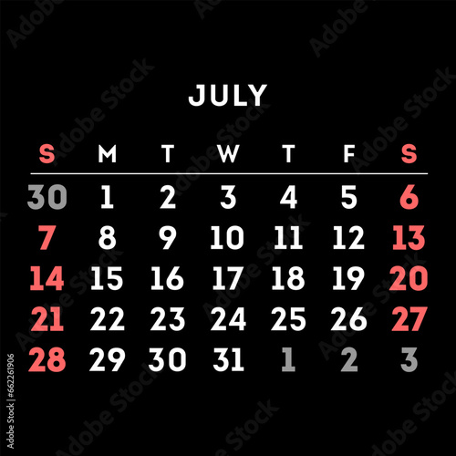 July 2024 month calendar. Vector illustration.